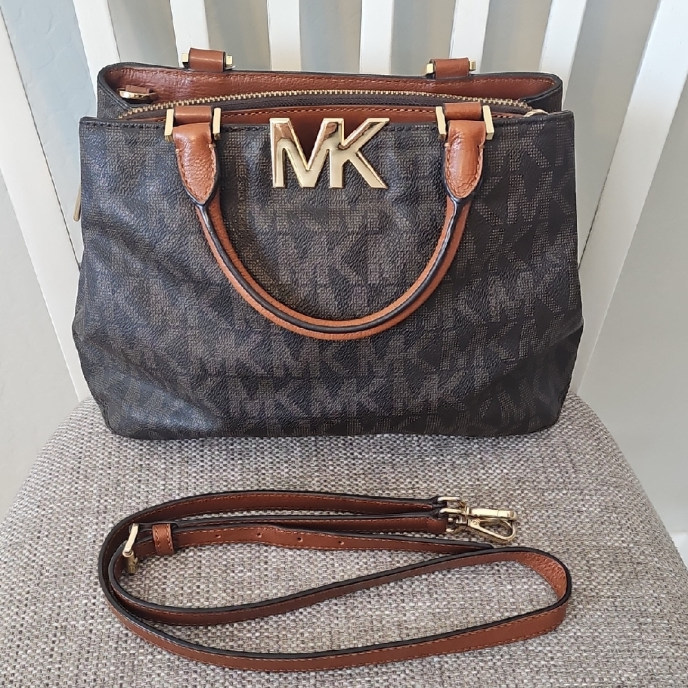 Michael Kors Black and Brown Satchel with Gold Accents
